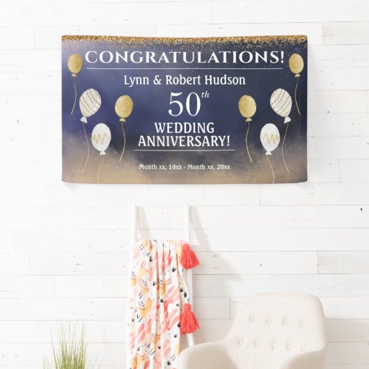 50ste Jubileum voor bruiloft, goud, blauw, wit Spandoek (Insitu)