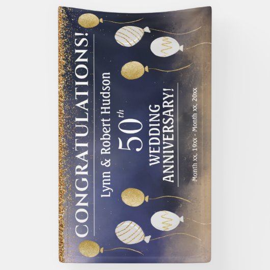 50ste Jubileum voor bruiloft, goud, blauw, wit Spandoek (Verticaal)