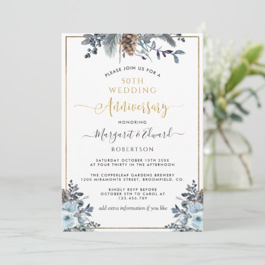 50ste Jubileum voor bruiloft, goud, marineblauw Kaart (Staand voorkant)
