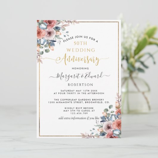 50ste Jubileum voor bruiloft, gouden blauwe vlinde Kaart (Staand voorkant)