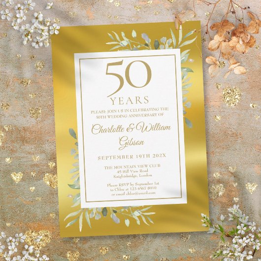 50ste Jubileum voor bruiloft Greenery Gold Foil Kaart