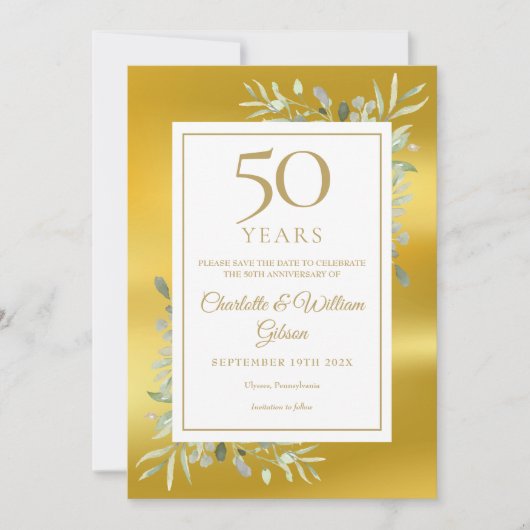 50ste Jubileum voor bruiloft Greenery Gold Foil Save The Date (Voorkant)