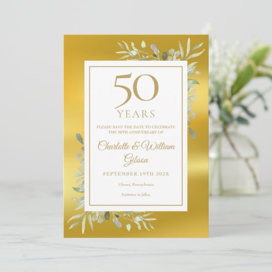 50ste Jubileum voor bruiloft Greenery Gold Foil Save The Date (Staand voorkant)