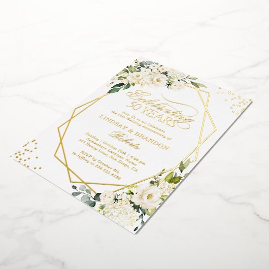 50ste Jubileum voor bruiloft Greenery Gold Geometr Folie Uitnodiging (Gedraaid)