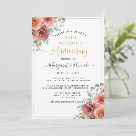 50ste Jubileum voor bruiloft, Perzikpertje en Mint Kaart (Staand voorkant)