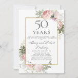 50ste Jubileum voor bruiloft Roze Rose Floral Kaart<br><div class="desc">De Elegant-sjabloon van de 50ste trouwdag biedt een gouden lijst en twee regelingen van wazige roze rozen. Alle tekst kan worden bewerkt.</div>