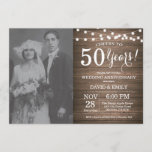 50ste Jubileum voor bruiloft Rustic Wood Kaart<br><div class="desc">Uitnodiging van het Jubileum van de 50e Wedding met douanefoto. Rustic Wood Achtergrond. Koord lichten. Zwart-Wit. 1e, 2e, 3e, 4e, 5e, 10e, 15e, 20e, 25e, 30e, 35e, 40e, 45e, 50e, 55e, 60e, 65e, 70e, 75e, 80e, om het even welke jaren. Volwassen verjaardag. Vrouw of Man Man Birthday Party. Voor verdere...</div>