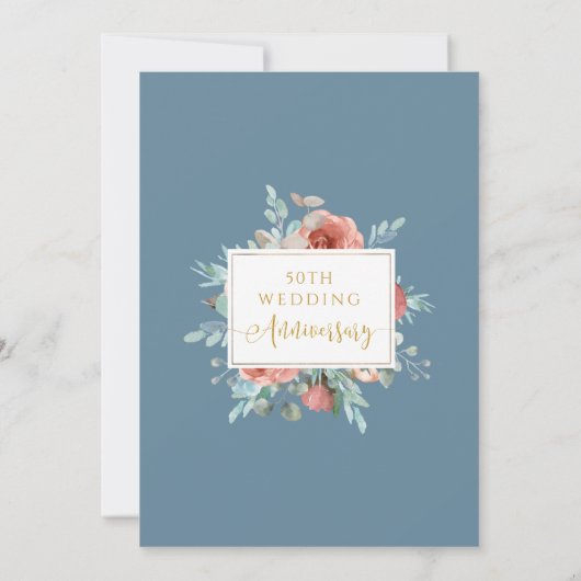 50ste Jubileum voor bruiloft, Stusty Blue Peach Fl Kaart (Achterkant)