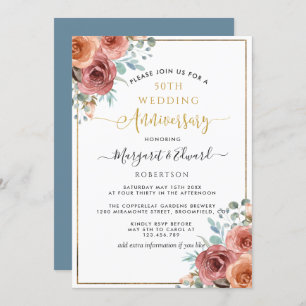 50ste Jubileum voor bruiloft, Stusty Blue Peach Fl Kaart