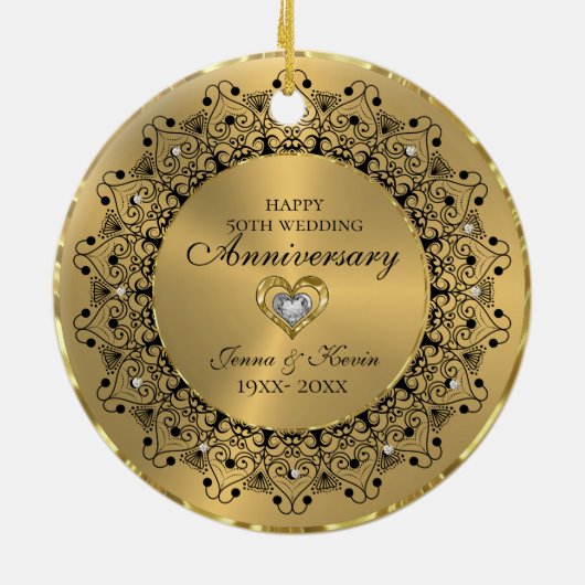 50ste Jubileum voor bruiloft zwartMandala op goud Keramisch Ornament (Achterkant)