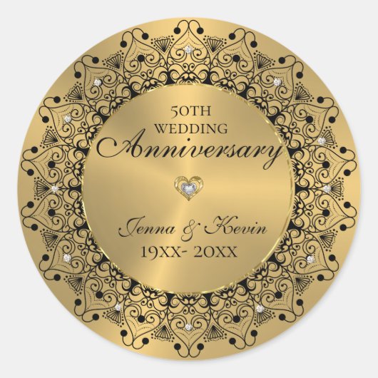 50ste Jubileum voor bruiloft zwartMandala op goud Ronde Sticker (Voorkant)