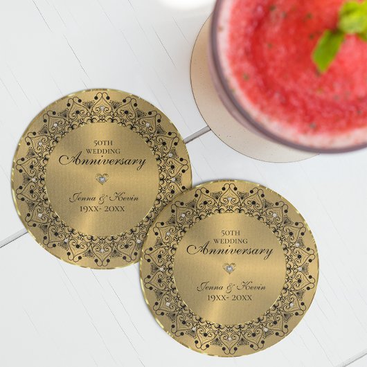 50ste Jubileum voor bruiloft zwartMandala op goud Zandsteen Onderzetter