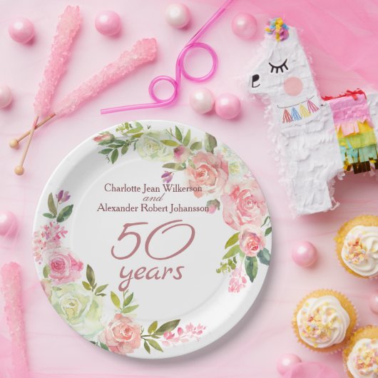 50ste Jubileum Waterverf Rozen Papieren Bordje (Feest)