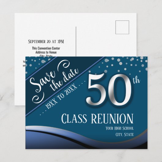 50ste klas reünie Elegante Blauwe Aankondigingspos Aankondigingskaart (Voorkant / Achterkant)