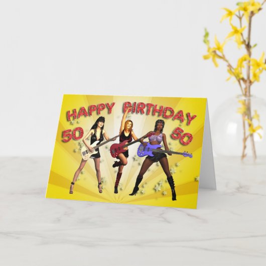 50ste Rockin' verjaardag met een meidenband Kaart (Gele Bloem)
