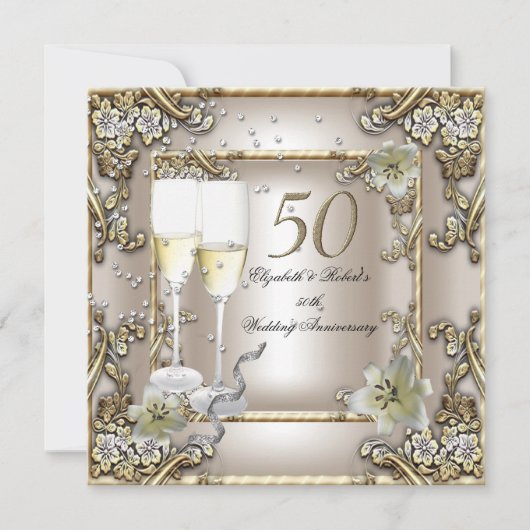 50ste trouwdag bruiloft crèmekleurige gouden lelie kaart (Voorkant)