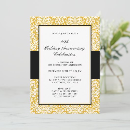 50ste trouwdag goud en zwart damast kaart (Staand voorkant)