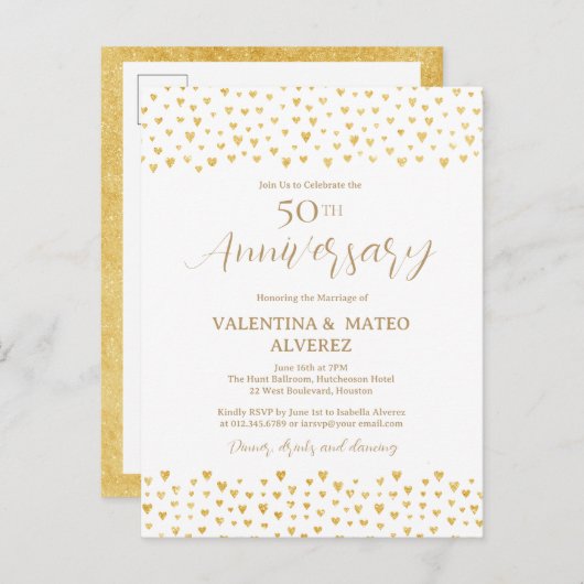 50ste trouwdag gouden hart confetti uitnodiging briefkaart (Voorkant / Achterkant)