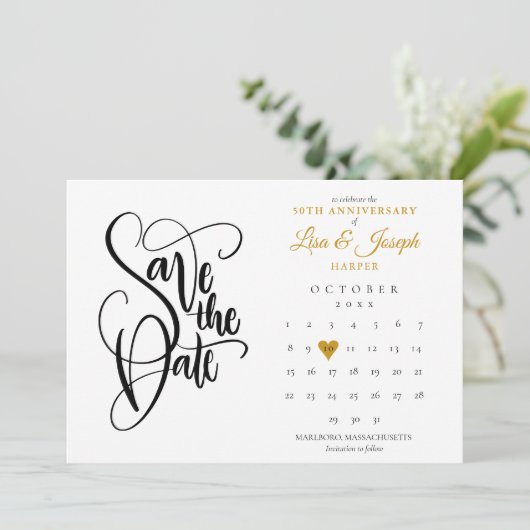 50ste trouwdag gouden hart kalender foto save the date (Staand voorkant)