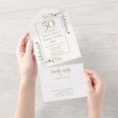 50ste trouwdag groen goud monogram all in one uitnodiging (Afscheurbaar)