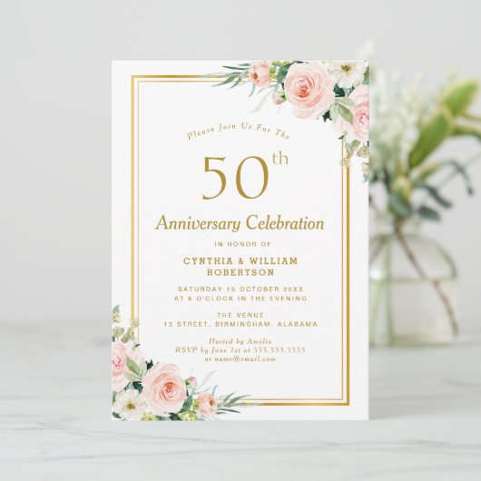 50ste trouwdag met goud en blozen kaart (Staand voorkant)
