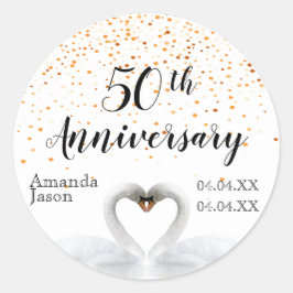 50ste trouwdag: witte zwanen gouden confetti ronde sticker