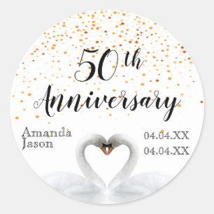 50ste trouwdag: witte zwanen gouden confetti ronde sticker