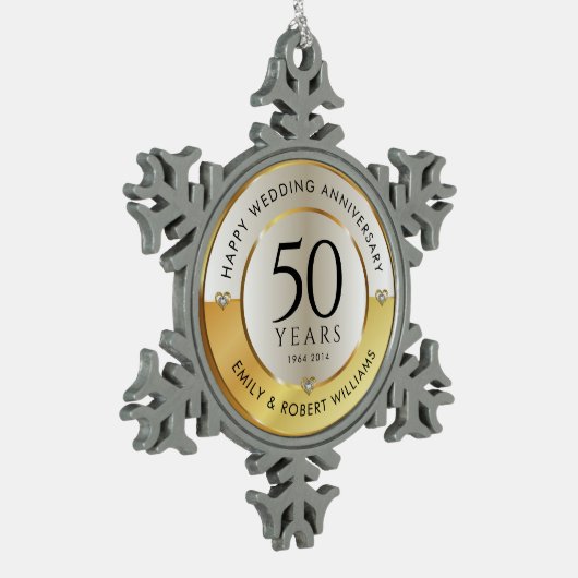 50ste trouwdag zwart en goud tin sneeuwvlok ornament (Links)