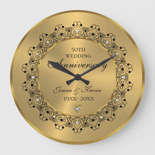 50ste trouwdag Zwart Mandala op goud Grote Klok (Voorkant)