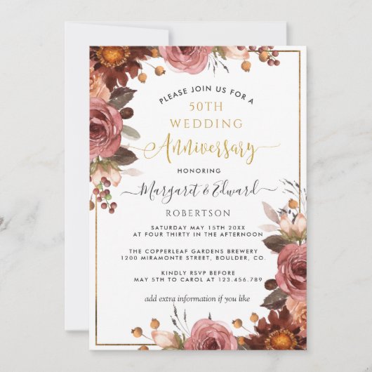 50ste trouwjubileum, goud en bordeauxrode bloemen kaart (Voorkant)