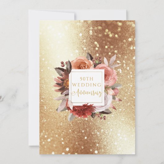 50ste trouwjubileum, goud en bordeauxrode bloemen kaart (Achterkant)