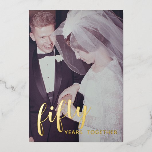 50ste trouwjubileum goud folie & foto folie uitnodiging (Voorkant)