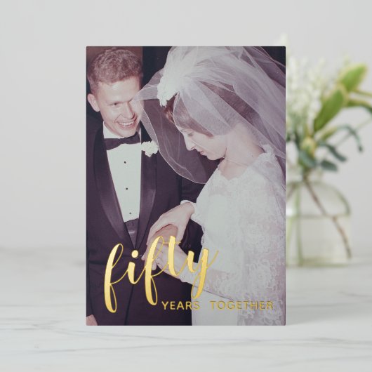 50ste trouwjubileum goud folie & foto folie uitnodiging (Staand Voorkant)