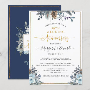 50ste trouwjubileum, goud, marineblauwe bloemen kaart