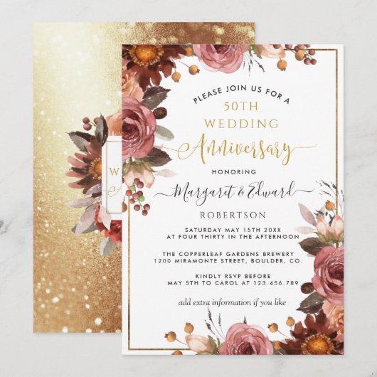 50ste trouwjubileum, gouden en bordeauxrode bloeme kaart (Voorkant / Achterkant)