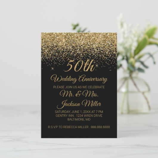 50ste trouwjubileum gouden glitter kaart (Staand voorkant)