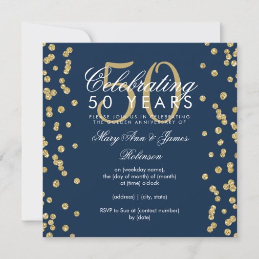 50ste trouwjubileum Gouden Glitter Navyblauw Kaart (Voorkant)