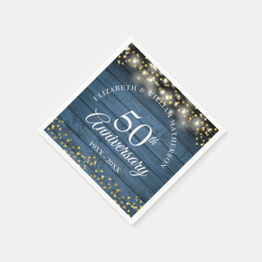 50ste trouwjubileum Gouden Harten Blauwe Rustieke Servet (Hoek)