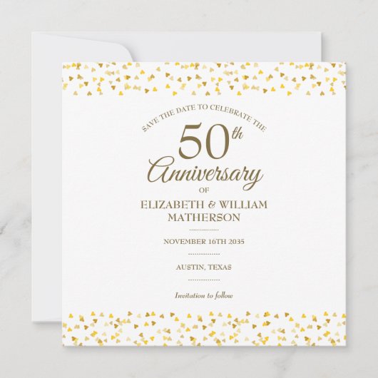 50ste trouwjubileum Gouden Harten Vierkant Save The Date (Voorkant)