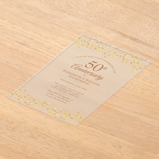 50ste trouwjubileum Gouden liefdesharten Acryl Uitnodigingen (Laagn)