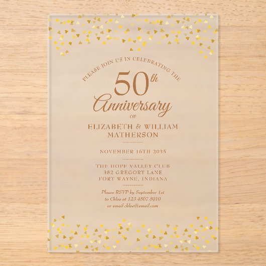 50ste trouwjubileum Gouden liefdesharten Acryl Uitnodigingen (Voorkant)