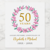50ste trouwjubileum Gouden Roze Bloemenkrans Wijn Etiket (Enkel label)