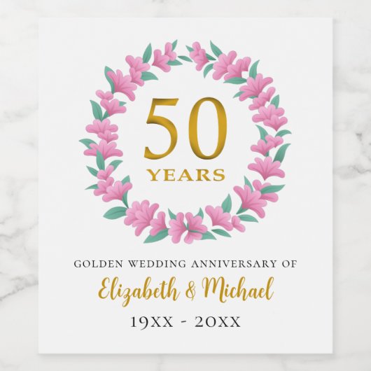 50ste trouwjubileum Gouden Roze Bloemenkrans Wijn Etiket (Enkel label)