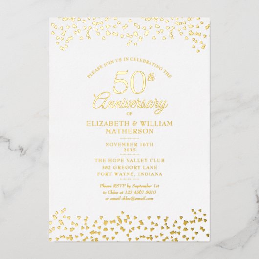 50ste trouwjubileum Liefde Harten Goud Folie Uitnodiging (Voorkant)