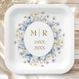 50ste trouwjubileum madeliefjesblauw en goud papieren bordje