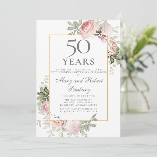 50ste trouwjubileum Roze Roos Bloemstuk Kaart (Staand voorkant)