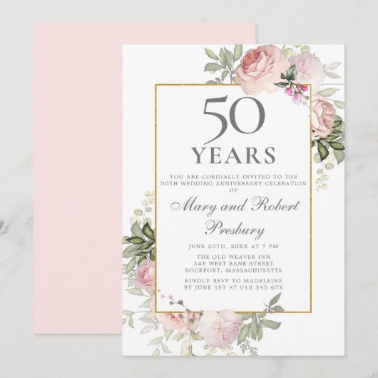 50ste trouwjubileum Roze Roos Bloemstuk Kaart (Voorkant / Achterkant)