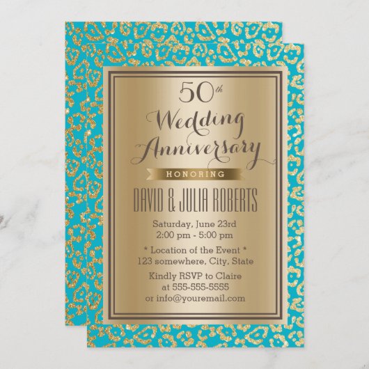 50ste trouwjubileum Teal & Goud Luipaardprint Kaart (Voorkant / Achterkant)