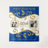 50ste trouwjubileum Voeg uw foto's toe Blauw Goud Wandkleed (Voorkant)