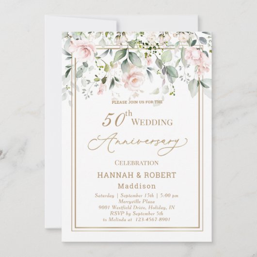 50ste trouwjubileum witte roze rozen uitnodiging (Voorkant)